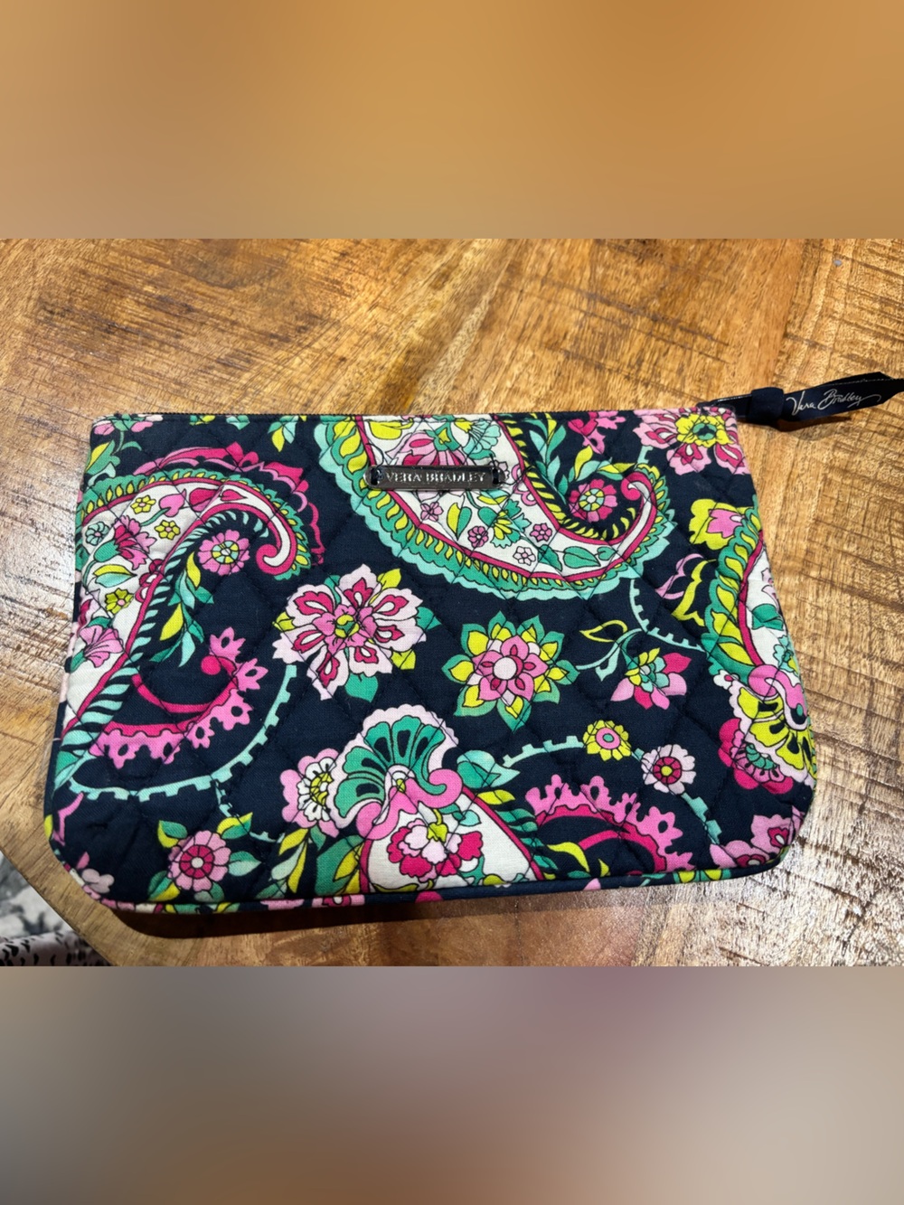 Vera Bradley Quilted Paisley Cosmetic Bag in Navy with Pink & Green